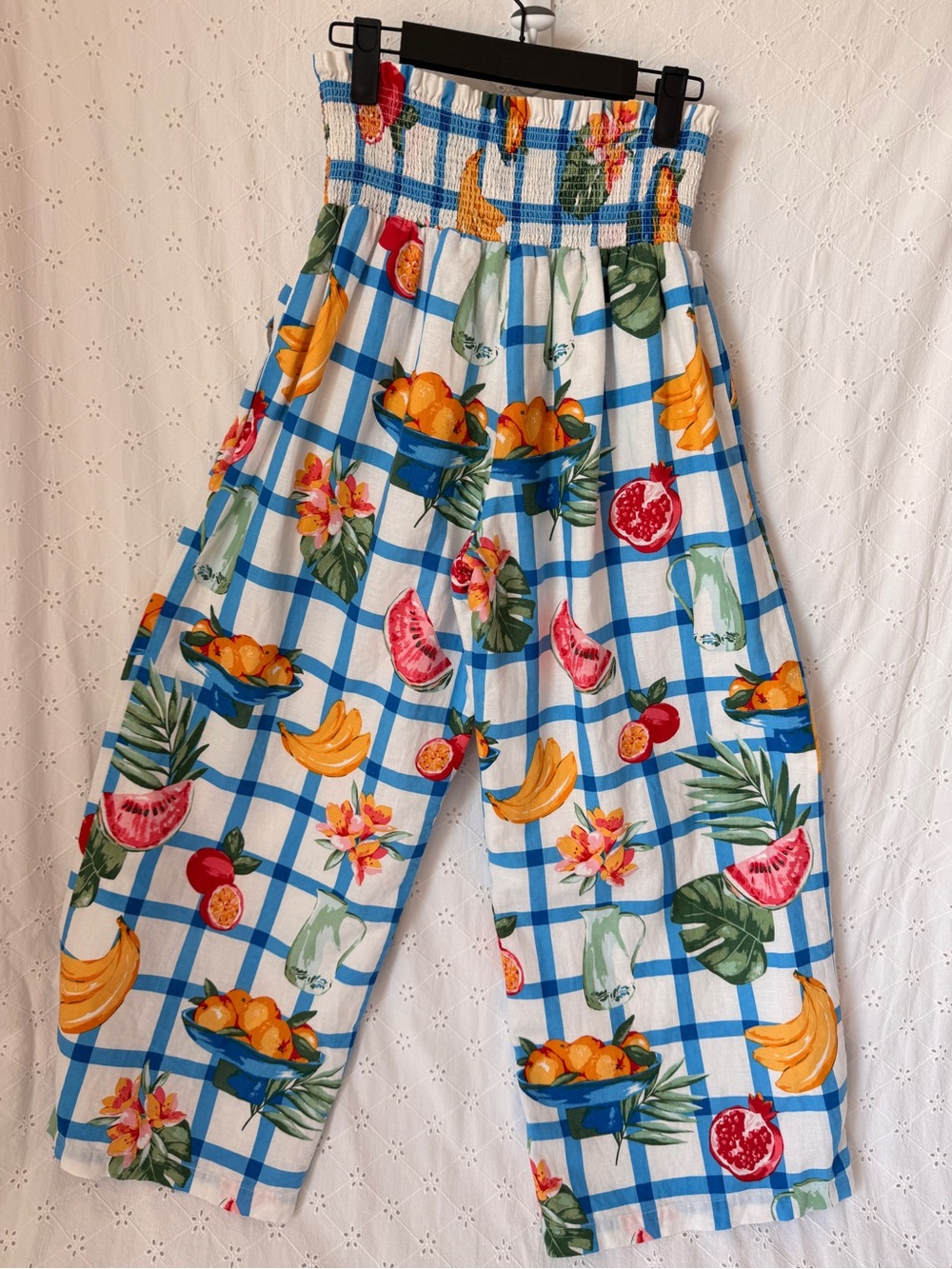 Corey Lynn Calter Blue White Gingham Fruit-Print Cropped Jumpsuit Pants